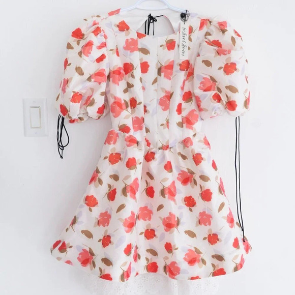 For Love & Lemons Jesse Puff Sleeve Floral  Mini Dress Cream & Red S NWT - Picture 2 of 14